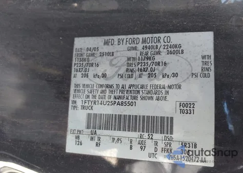 2005 Ford Ranger Edge/Stx/Xl/Xlt из США, поврежденный, VIN 1FTYR14U25PA85501